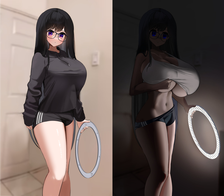 2girls :&lt; absurdres arms_at_sides bare_legs bare_shoulders black_buruma black_hoodie blue_eyes breasts buruma buruma_pull cleavage closed_mouth clothes_lift collarbone covered_nipples dark drawstring feet_out_of_frame flashlight glasses highres holding holding_flashlight hood hoodie huge_breasts indoors large_breasts light long_hair looking_at_viewer looking_away midriff multiple_girls multiple_views navel nicorima original purple_eyes ring_light shirt shirt_lift shirt_overhang strap_gap tank_top taut_clothes underboob very_long_hair white_shirt
