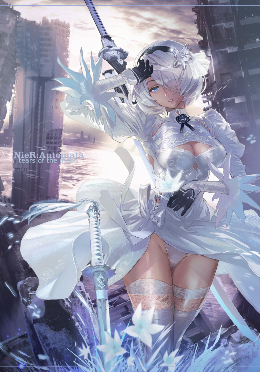 1girl arm_up bangs blue_eyes boots breasts cameltoe cleavage cleavage_cutout clothing_cutout cloud cloudy_sky commentary_request copyright_name dress feather_trim feathers flower gloves hair_ornament hairband highres holding juliet_sleeves lips long_sleeves maeshima_shigeki medium_breasts mole mole_under_mouth nier_(series) nier_automata outdoors panties parted_lips puffy_sleeves shiny shiny_hair short_hair sky solo sword thigh_boots thighhighs turtleneck underwear weapon weapon_on_back white_dress white_hair white_legwear yorha_no._2_type_b