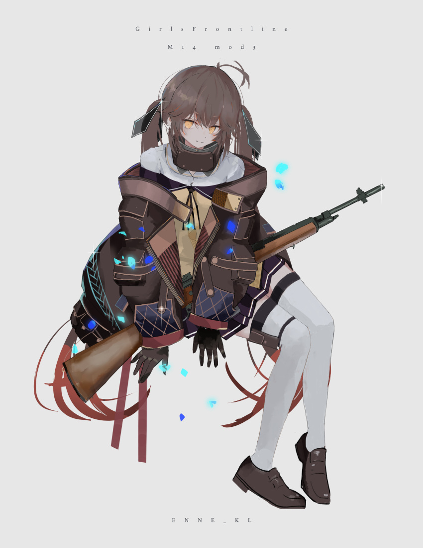 absurdres artist_name battle_rifle black_gloves blue_skirt brown_hair cowlick enne_kl girls'_frontline gloves gun highres long_hair m14 m14_(girls'_frontline) mod3_(girls'_frontline) pleated_skirt rifle sailor_collar shoes skirt smile sparkle tagme thighhighs weapon white_legwear yellow_eyes zettai_ryouiki