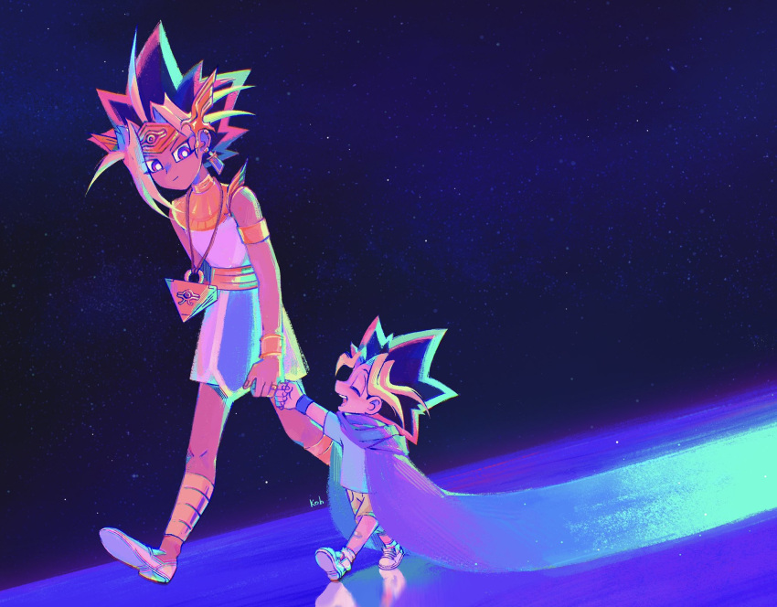 2boys atem black_hair blonde_hair bright_pupils closed_eyes commentary dark-skinned_male dark_skin earrings headband highres jewelry knees kohrokke looking_down male_focus millennium_puzzle multicolored_hair multiple_boys mutou_yuugi necklace open_mouth purple_eyes shirt shoes short_sleeves shorts smile spiked_hair standing t-shirt walking white_footwear white_pupils wristband yellow_shorts yu-gi-oh! yu-gi-oh!_duel_monsters