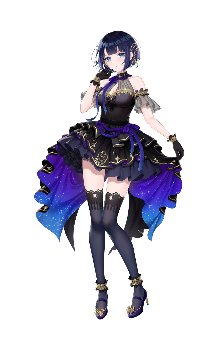 1girl :o absurdres ankle_garter arm_at_side bangs black_gloves blue_eyes breasts dark_blue_hair dress frilled_dress frills full_body gloves hair_ornament halter_dress halterneck hand_up highres looking_at_viewer mairo mary_janes medium_breasts open_mouth propro_production see-through shiduki_sena shoes short_hair simple_background solo standing thighhighs transparent_background virtual_youtuber