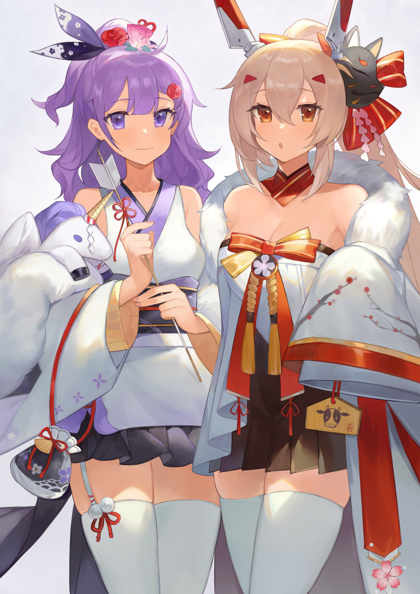 2girls ahoge arrow_(projectile) ayanami_(azur_lane) ayanami_(pulse_of_the_new_year)_(azur_lane) azur_lane bag black_skirt blonde_hair blush breasts chinese_commentary cleavage closed_mouth commentary cowboy_shot detached_collar detached_sleeves drawstring_bag ema eyebrows_visible_through_hair flower fox_mask fur_scarf garter_straps grey_background hair_between_eyes hair_flower hair_ornament hair_ribbon hairclip half_updo hamaya happy_new_year headgear highres holding holding_arrow japanese_clothes kimono kinchaku long_hair looking_at_viewer mask mask_on_head medium_breasts miniskirt multiple_girls new_year obi obiage obijime official_alternate_costume open_mouth pleated_skirt pom_pom_(clothes) pouch purple_eyes purple_hair red_eyes ribbon rose sash seigaiha simple_background skirt sleeveless sleeveless_kimono sleeves_past_fingers sleeves_past_wrists smile standing stuffed_animal stuffed_toy stuffed_unicorn thighhighs unicorn_(azur_lane) unicorn_(prayer_of_plum_and_snow)_(azur_lane) wavy_hair white_kimono white_legwear yayako_(804907150) zettai_ryouiki