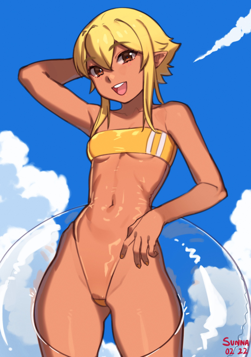 1girl :d absurdres arm_behind_head arm_up artist_name bangs bare_arms bare_shoulders blonde_hair blue_sky breasts brown_eyes cloud collarbone commentary dark-skinned_female dark_skin dated elf eyebrows_visible_through_hair gris_swimsuit hair_between_eyes highres innertube meme_attire navel nil_sunna open_mouth original pointy_ears see-through_swimsuit short_hair sky small_breasts smile solo sunna_(nilsunna) teeth underboob upper_teeth