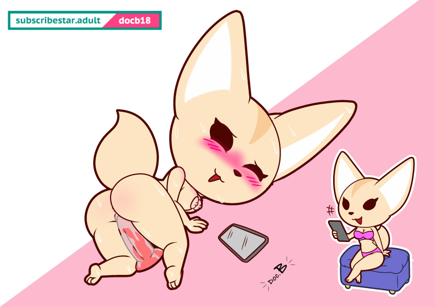 3_toes 4_fingers absurd_res aggressive_retsuko anthro anus bent_over big_breasts big_butt blush bodily_fluids bra breasts bubble_butt butt canid canine cellphone cleavage clothed clothing crossed_legs dildo dildo_sitting doc.b dripping english_text eyelashes feet female female_penetrated fennec fenneko fingers fox front_view fur genital_fluids genitals hi_res holding_cellphone holding_object holding_phone kneeling looking_at_viewer looking_back looking_pleasured mammal masturbation multicolored_body multicolored_fur narrowed_eyes nipples one_eye_closed open_mouth open_smile panties penetration phone pink_background pussy pussy_juice pussy_juice_drip pussy_juice_on_dildo rear_view sanrio sex_toy simple_background sitting smile solo sweat tan_body tan_fur text thick_thighs toes underwear vaginal vaginal_masturbation vaginal_penetration white_background white_body white_fur wide_hips
