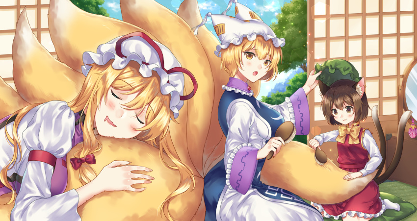 3girls :o animal_ear_fluff animal_ears armband blonde_hair blue_sky blush bobby_socks bow bowtie brown_eyes brown_hair cat_ears cat_tail chen closed_eyes cloud commentary_request day dress drooling earrings fox_tail hair_brush hand_on_another's_hat hat hat_ribbon highres holding holding_brush indoors jewelry kirisita long_hair long_sleeves looking_at_another looking_down mob_cap multiple_girls multiple_tails open_door open_mouth pillow_hat red_skirt red_vest removing_hat ribbon shirt short_hair shouji single_earring skirt sky sliding_doors socks tabard tail tail_brushing tail_hug tatami touhou tree very_long_hair vest white_dress white_headwear white_legwear white_shirt yakumo_ran yakumo_yukari yellow_bow yellow_bowtie yellow_eyes yellow_tail