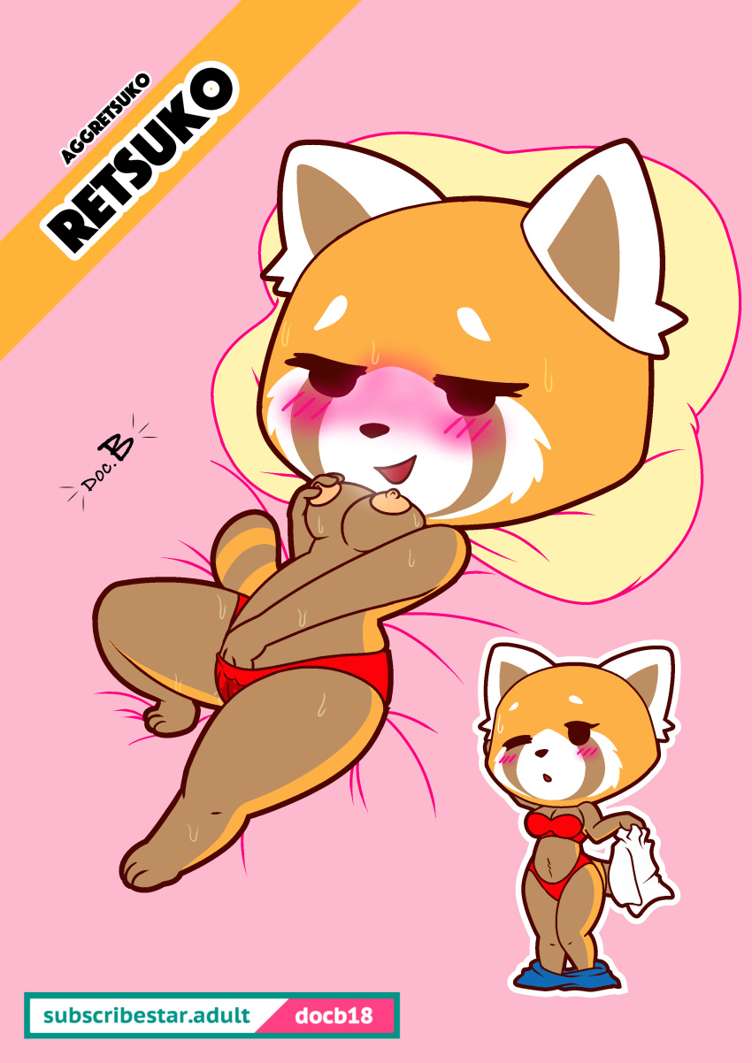 3_toes absurd_res aggressive_retsuko ailurid anthro areola big_breasts blush bodily_fluids bottomwear bottomwear_down bra breasts brown_body brown_fur camel_toe canid canine clothed clothing doc.b erect_nipples eyelashes feet female fingers fur genital_fluids half-closed_eyes hand_in_panties hand_in_underwear hand_on_breast head_on_pillow hi_res holding_breast holding_clothing holding_object holding_shirt holding_topwear looking_down looking_pleasured lying mammal masturbation multicolored_body multicolored_fur narrowed_eyes nipples on_back one_eye_closed open_mouth open_smile orange_body orange_fur panties pants pants_down partially_clothed pillow pink_background pussy_juice pussy_juice_leaking red_panda retsuko sanrio shirt simple_background smile solo standing sweat text thick_thighs toes topless topwear underwear undressing vaginal vaginal_masturbation white_body white_fur wide_hips