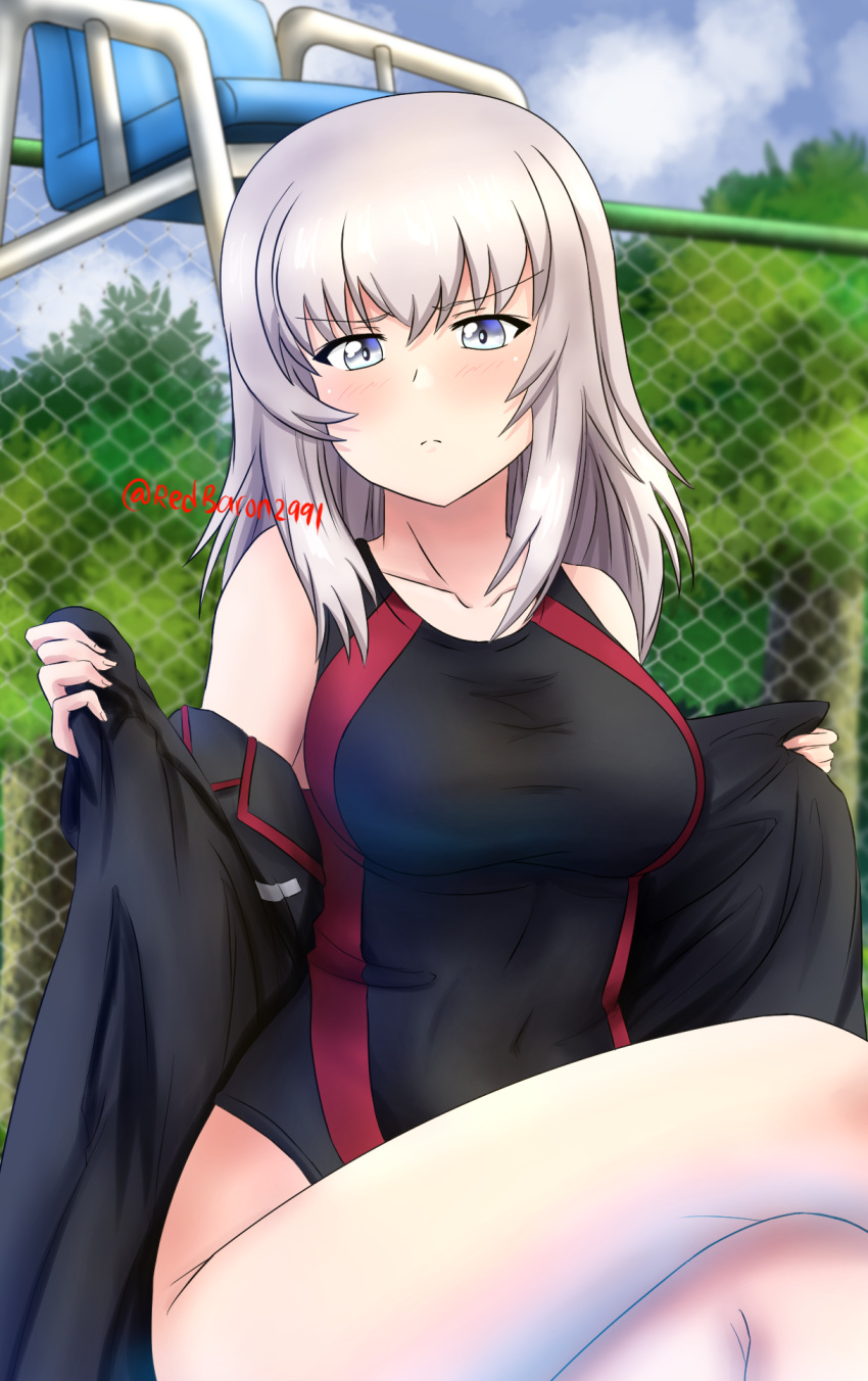 1girl bangs black_jacket black_swimsuit blue_eyes blue_sky blurry blurry_background blush chain-link_fence closed_mouth cloud cloudy_sky commentary covered_navel crossed_legs day depth_of_field eyebrows_visible_through_hair fence frown girls_und_panzer glaring highres itsumi_erika jacket jacket_pull lifeguard_chair looking_at_viewer medium_hair one-piece_swimsuit outdoors pull redbaron silver_hair sitting sky solo swimsuit twitter_username