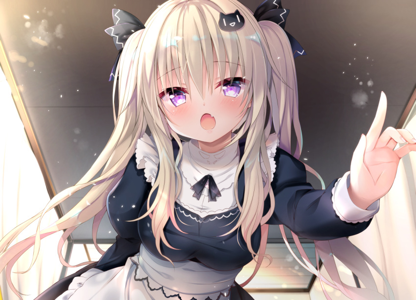 1girl apron arm_behind_back black_dress black_ribbon blonde_hair blush breasts cleavage dress dust fang fang_out frills hair_between_eyes hair_ornament hair_ribbon hairpin huei_nazuki large_breasts leaning_forward leaning_to_the_side light_particles long_hair long_sleeves looking_at_viewer magenta_eyes maid maid_apron medium_breasts open_mouth original outstretched_hand pink_eyes pointing purple_eyes ribbon skirt twintails very_long_hair white_skirt