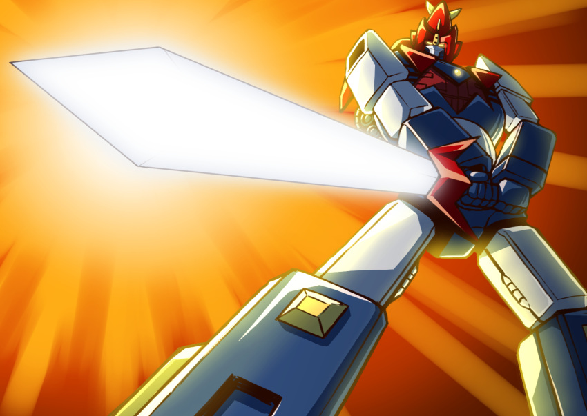 choudenji_machine_voltes_v commentary_request glowing glowing_sword glowing_weapon highres looking_at_viewer mecha no_humans science_fiction shouji_nigou solo standing sunrise_stance sword voltes_v_(mecha) weapon yellow_eyes