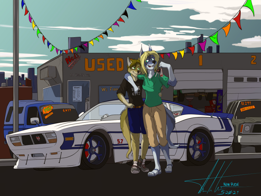 absurd_res anthro canid canine canis charity_cross commandercross couple_(disambiguation) coyote eric_cross female hi_res male male/female mammal muscle_car vehicle wolf