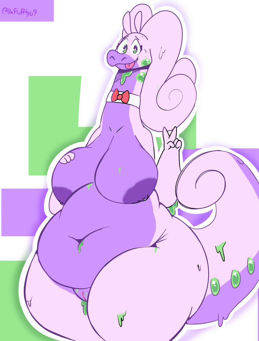 absurd_res amelia_(galv3z) anthro belly big_belly big_breasts big_butt bow_tie breasts butt chubby_female cute_expression cute_eyes dragon female genitals gesture goo_(disambiguation) goodra green_eyes hi_res huge_thighs nintendo pok&eacute;mon pok&eacute;mon_(species) purple_body pussy red_bow_tie simple_background slightly_chubby solo thefluffyrey69 thick_tail thick_thighs v_sign video_games