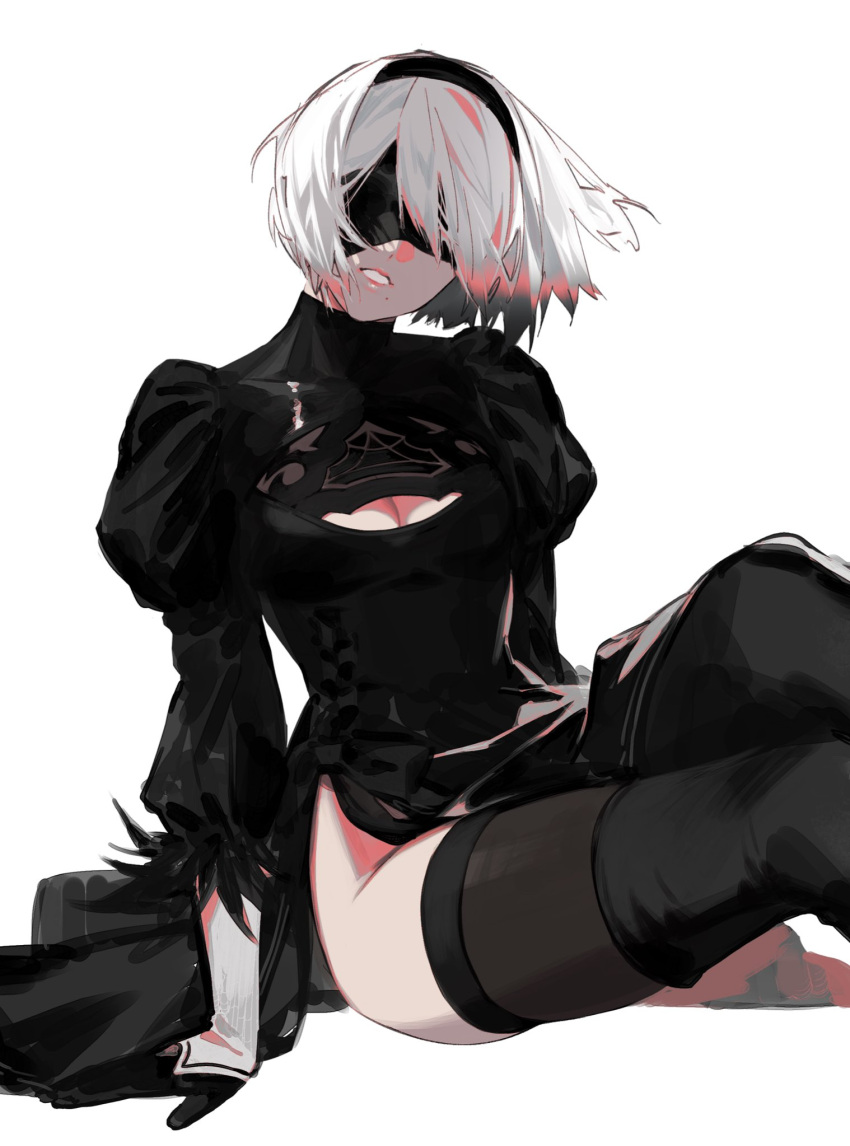 1girl black_blindfold black_dress black_footwear black_gloves black_hairband black_legwear blindfold boots breasts cleavage cleavage_cutout clothing_cutout dress facing_viewer feather-trimmed_sleeves feet_out_of_frame gloves hairband highres kazari_tayu lips long_sleeves medium_breasts mole mole_under_mouth nier_(series) nier_automata parted_lips puffy_long_sleeves puffy_sleeves short_hair silver_hair simple_background sitting smile solo thigh_boots thighhighs thighhighs_under_boots thighs white_background yorha_no._2_type_b