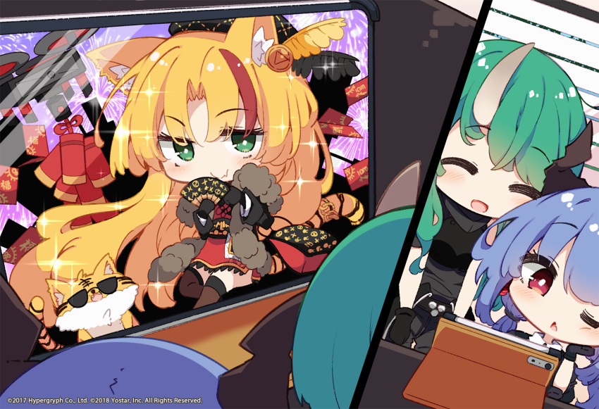 3girls :d ;&lt; ^_^ aerial_fireworks arknights bare_shoulders beni_shake black_gloves black_jacket black_shirt blonde_hair blue_hair brown_legwear ch'en_(arknights) chibi closed_eyes closed_mouth collared_shirt commentary_request dress fang fang_out fireworks folding_fan gloves green_hair hand_fan holding holding_fan hoshiguma_(arknights) jacket long_sleeves multicolored_hair multiple_girls official_art parted_lips red_dress red_eyes red_hair shirt sleeveless sleeveless_shirt smile streaked_hair sunglasses swire_(arknights) swire_(honor_and_splendor)_(arknights) thighhighs triangle_mouth watermark white_shirt