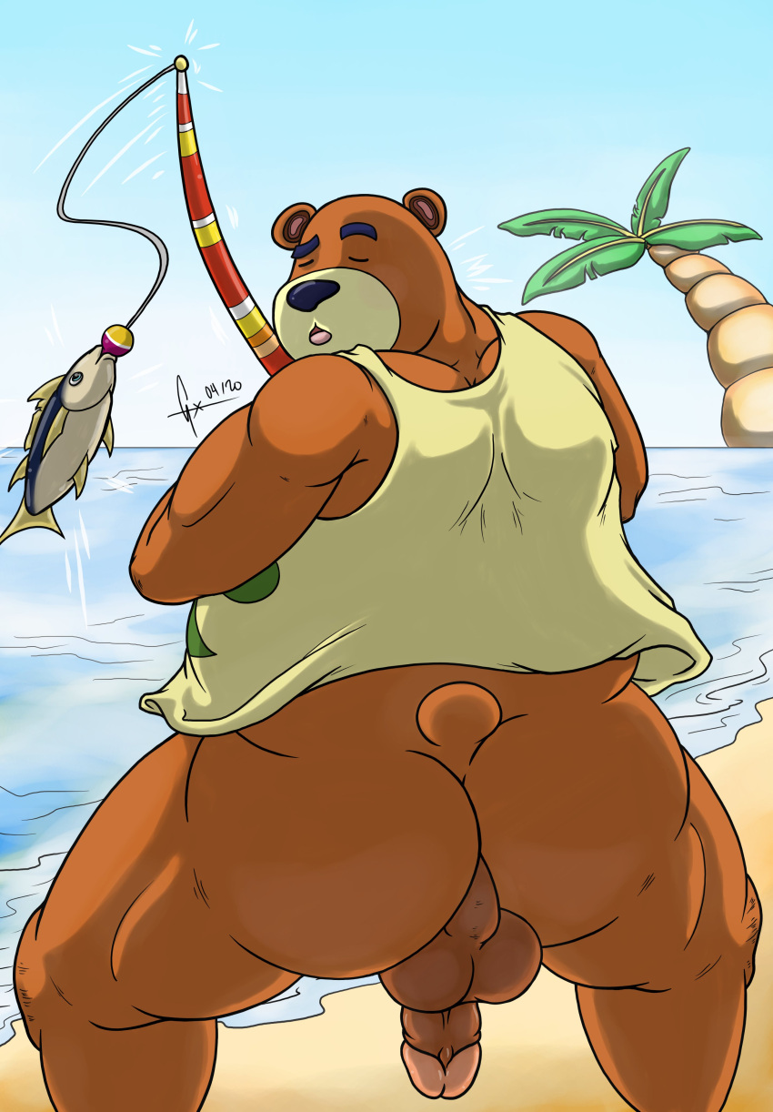 2020 absurd_res animal_crossing anthro balls beach butt clothing eyes_closed fishing fishing_rod genitals hi_res humanoid_genitalia humanoid_penis male mammal mikeyex nintendo outside overweight overweight_male penis seaside shirt solo teddy_(animal_crossing) topwear ursid video_games water