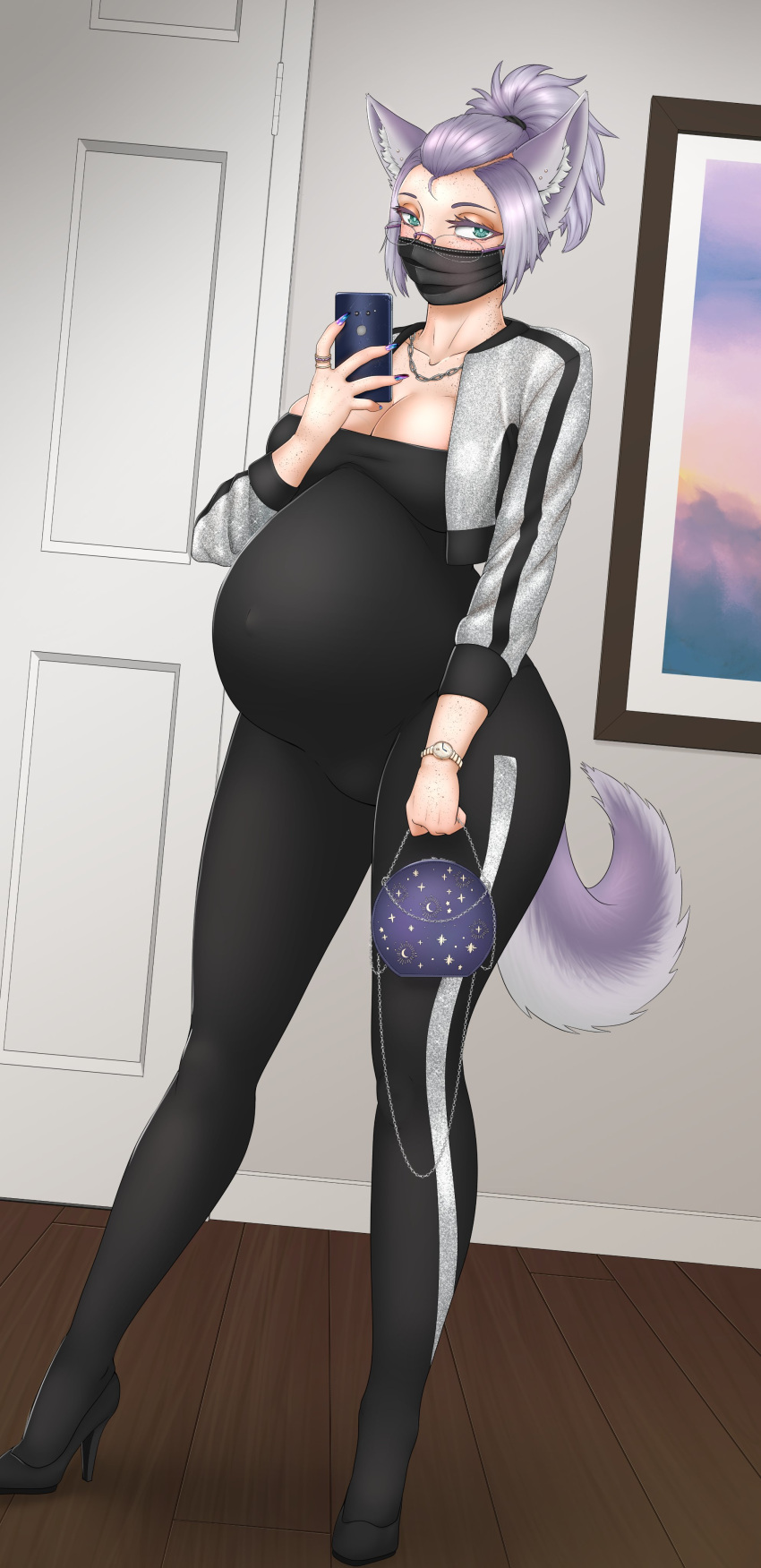 absurd_res animal_humanoid belly big_belly big_breasts breasts cat_humanoid clothing eyewear felid felid_humanoid feline feline_humanoid female freckles glasses hi_res humanoid kristiadder looking_at_viewer mammal mammal_humanoid mask pregnant selfie solo tight_clothing