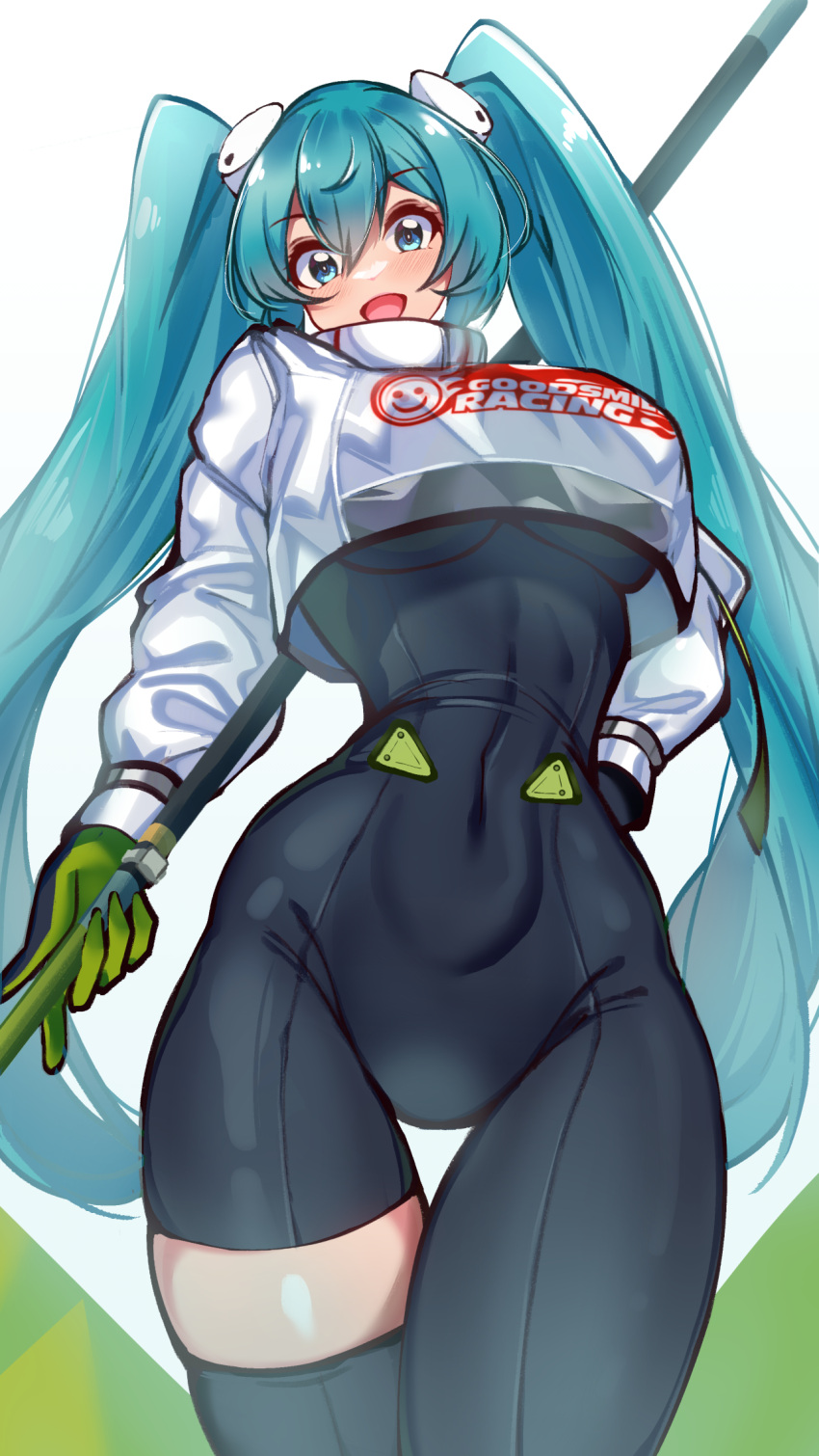 1girl aqua_eyes aqua_hair asymmetrical_clothes asymmetrical_legwear black_bodysuit black_legwear bodystocking bodysuit bodysuit_under_clothes breasts covered_navel crop_top crop_top_overhang cropped_jacket eyebrows_visible_through_hair gloves goodsmile_company goodsmile_racing hair_between_eyes hand_on_hip hatsune_miku highres holding holding_pole jacket linea_alba long_hair long_sleeves looking_at_viewer medium_breasts open_mouth pole puffy_sleeves racing_miku racing_miku_(2022) shiny shiny_skin shirt single_thighhigh skindentation solo thigh_gap thighhighs twintails underboob very_long_hair vocaloid volyz white_background white_jacket