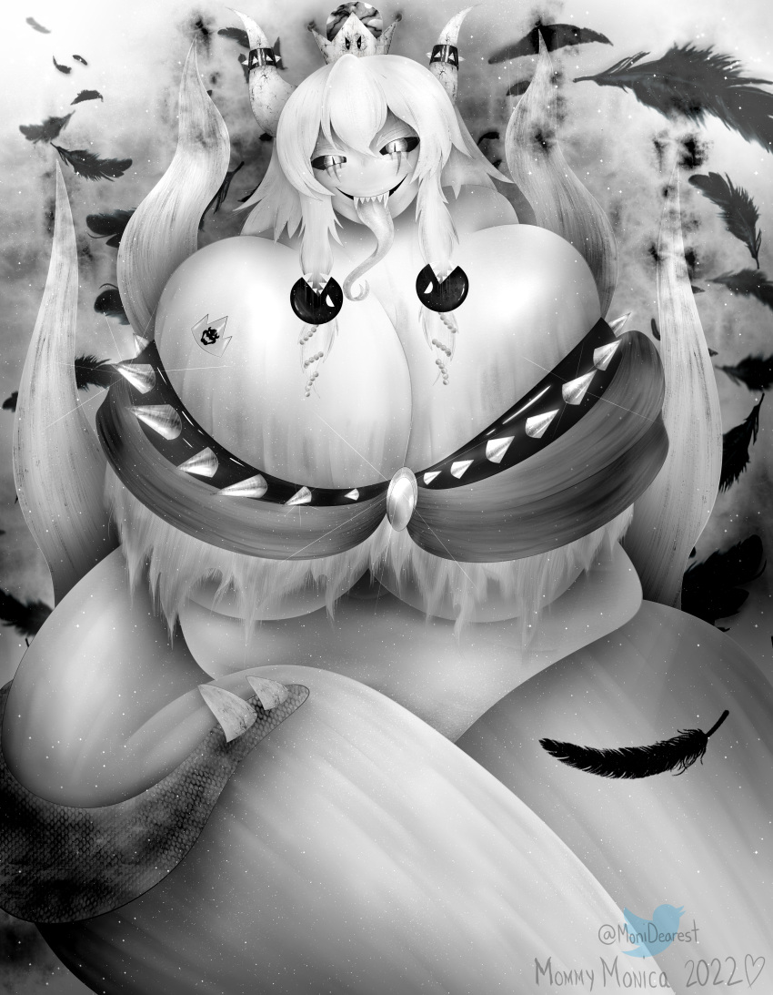 2022 2:3 absurd_res animal_humanoid baconbasket belly big_breasts black_and_white bowser bowsette_meme breasts chain_chomp clothing crown detailed digital_drawing_(artwork) digital_media_(artwork) digital_painting_(artwork) dragon dragon_humanoid english_text female hair hi_res horn horned_humanoid huge_breasts humanoid hybrid koopa koopa_humanoid light lighting looking_at_viewer mammal mario_bros meme monochrome nintendo not_furry overweight overweight_female reptile reptile_humanoid scalie scalie_humanoid shaded signature smaller_version_at_source smile soft_shading solo spikes super_crown text thick_thighs video_games watermark wide_hips