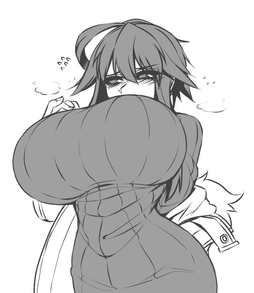 1girl ahoge arm_behind_back blush breasts coat coat_removed cowboy_shot curvy embarrassed eyebrows_visible_through_hair flying_sweatdrops from_below hair_between_eyes hand_on_own_chest highres huge_breasts long_hair long_sleeves looking_away monochrome original ribbed_sweater shy sidelocks simple_background sub-res sweater tall_female white_background