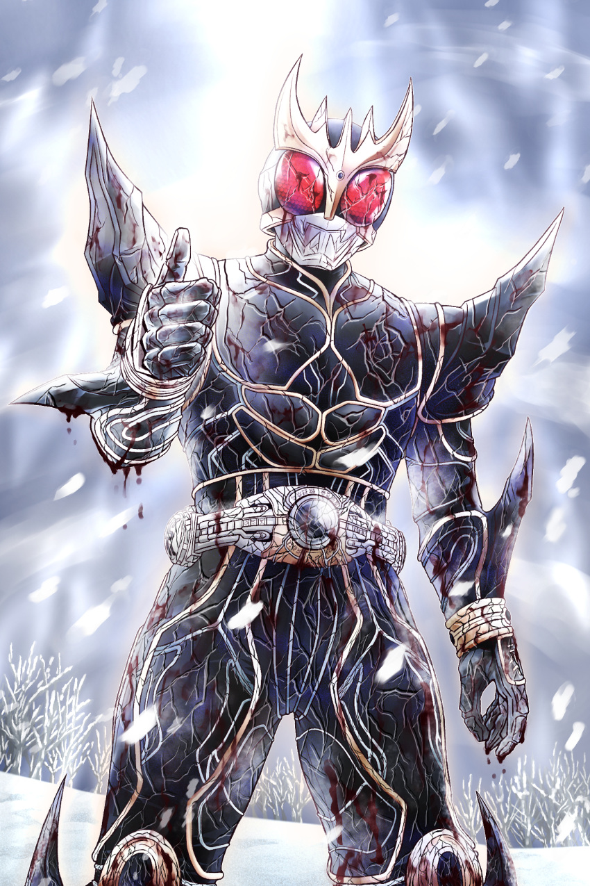 1boy armor belt blood bodysuit commentary_request crack cracked_mask damaged helmet highres injury kamen_rider kamen_rider_kuuga kamen_rider_kuuga_(series) kamen_rider_kuuga_(ultimate_form) looking_at_viewer male_focus red_eyes rider_belt solo spikes thumbs_up tokusatsu usagipanchi