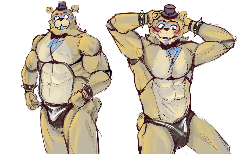 absurd_res animatronic anthro blush bow_tie breasts clothing ear_piercing five_nights_at_freddy's five_nights_at_freddy's:_security_breach freddy_(fnaf) freddy_fazbear's_pizzeria_simulator fur glamrock_freddy_(fnaf) hat headgear headwear hi_res machine male male/male mammal muscular overweight piercing puffer_puff robot scottgames simple_background solo top_hat ursid video_games