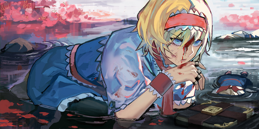 1girl alice_margatroid arm_support bleeding blonde_hair blood blood_on_face blood_on_hands cape capelet cherry_blossoms grimoire_of_alice hair_between_eyes headband in_water kaoru_(alicemakoto) lace-trimmed_hairband lace_trim leaning_forward looking_at_viewer painterly pantyhose parted_lips partially_submerged pink_headband ripples rock shanghai_doll solo touhou water wet white_cape wristband