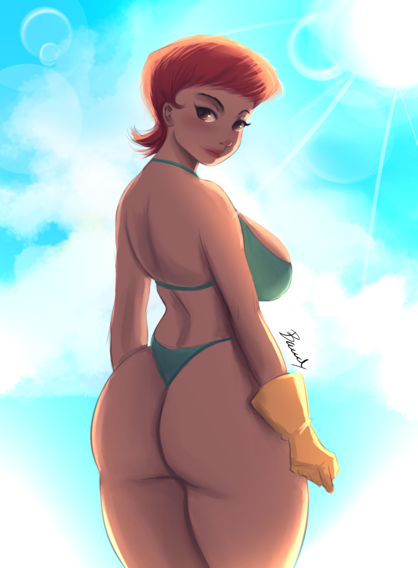 1girl ass bawdy_art bikini blue_sky breasts brown_eyes cloud curvy dexter's_laboratory from_behind gloves green_bikini highres large_breasts lens_flare looking_at_viewer looking_back mature_female medium_hair mom_(dexter's_laboratory) orange_hair plump rubber_gloves signature sky solo sun swimsuit thick_thighs thighs toon_(style) yellow_gloves