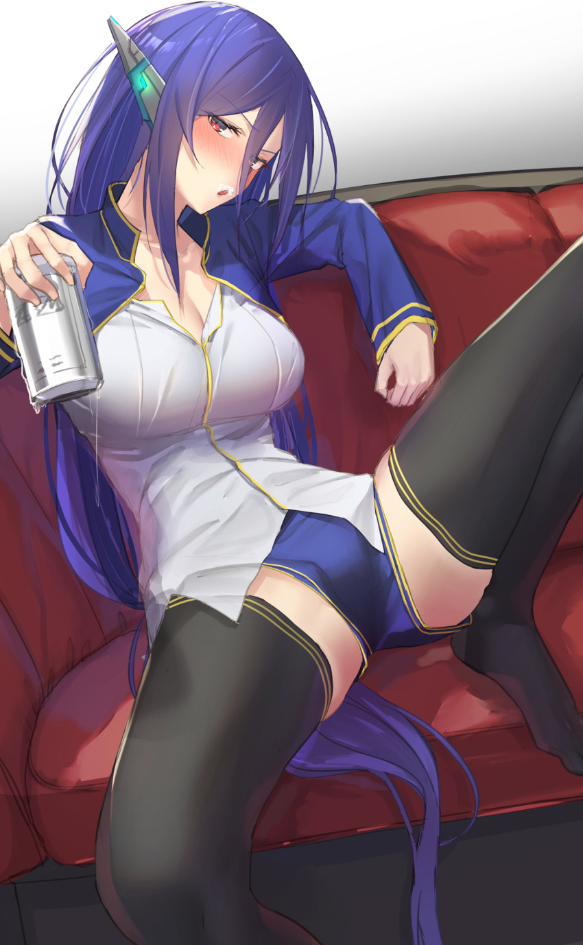 1girl black_legwear blue_hair blush breasts cleavage cosmic_break couch eyebrows_visible_through_hair giving highres large_breasts long_hair long_sleeves looking_at_viewer nebel pallad parted_lips red_eyes shirt sitting solo spread_legs thighs very_long_hair white_shirt