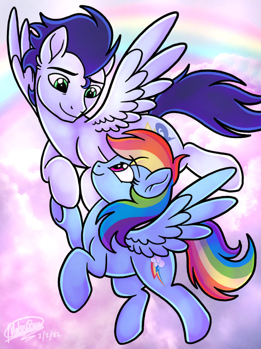 cloudscape duo equid equine eye_contact female feral flying friendship_is_magic hasbro hi_res hoof_holding invalid_tag looking_at_another male male/female mammal melspyrose my_little_pony pegasus rainbow rainbow_dash_(mlp) sky soarin_(mlp) wings wonderbolts_(mlp)