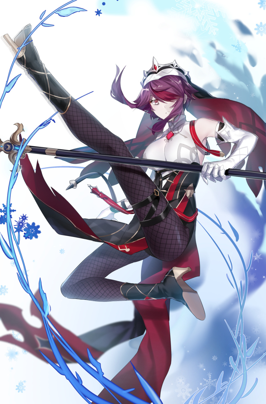 1girl bare_shoulders black_footwear boots breasts claw_ring commentary elbow_gloves fishnet_legwear fishnets genshin_impact gloves grape_(pixiv27523889) habit high_collar high_heel_boots high_heels highres holding holding_polearm holding_weapon ice large_breasts leg_up looking_at_viewer nun pale_skin pantyhose parted_lips pelvic_curtain polearm purple_legwear red_eyes red_hair rosaria_(genshin_impact) simple_background solo thigh_strap translated weapon white_background white_gloves