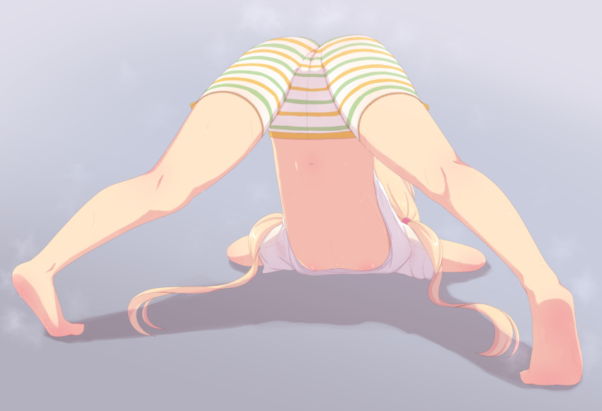 1girl arm_rest ass barefoot blonde_hair cameltoe feet flexible from_behind full_body futaba_anzu hands_on_ground highres idolmaster idolmaster_cinderella_girls jack-o'_challenge kneepits long_hair low_twintails meme shorts simple_background solo spread_legs top-down_bottom-up twintails unikurage wide_spread_legs