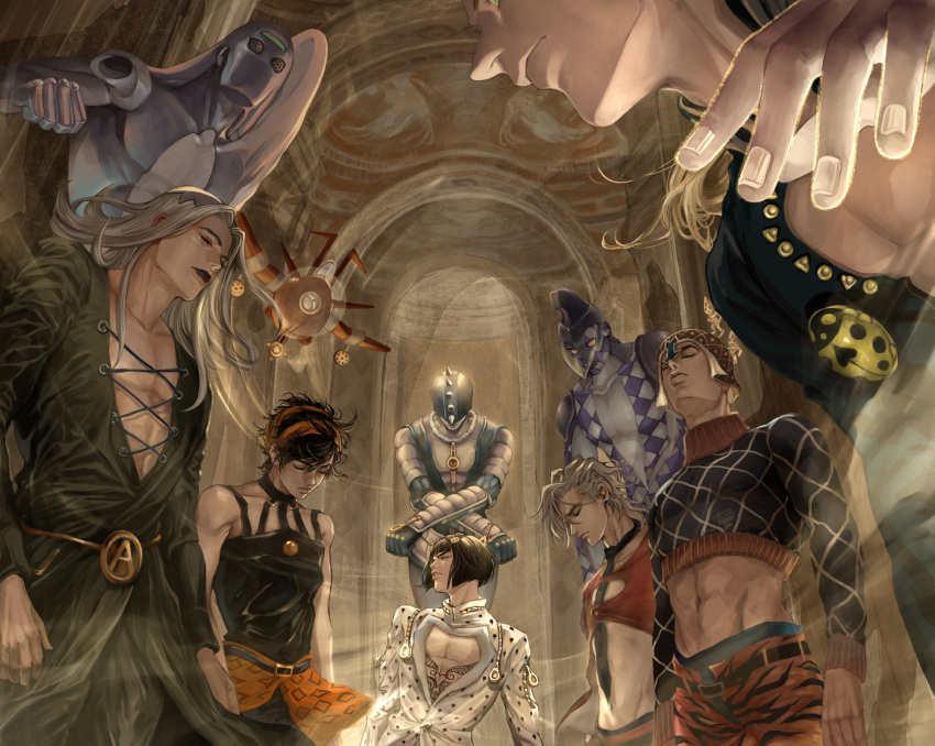 6+boys aerosmith_(stand) aircraft airplane black_hair black_lips blonde_hair bruno_buccellati bug cleavage_cutout closed_eyes clothing_cutout crop_top floating giorno_giovanna grey_hair guido_mista highres jojo_no_kimyou_na_bouken ladybug leone_abbacchio midriff moody_blues_(stand) multiple_boys narancia_ghirga necktie pannacotta_fugo purple_haze_(stand) rolling_stones_(stand) sex_pistols_(stand) sleeping snr_snr stand_(jojo) sticky_fingers_(stand) vaulted_ceiling vento_aureo