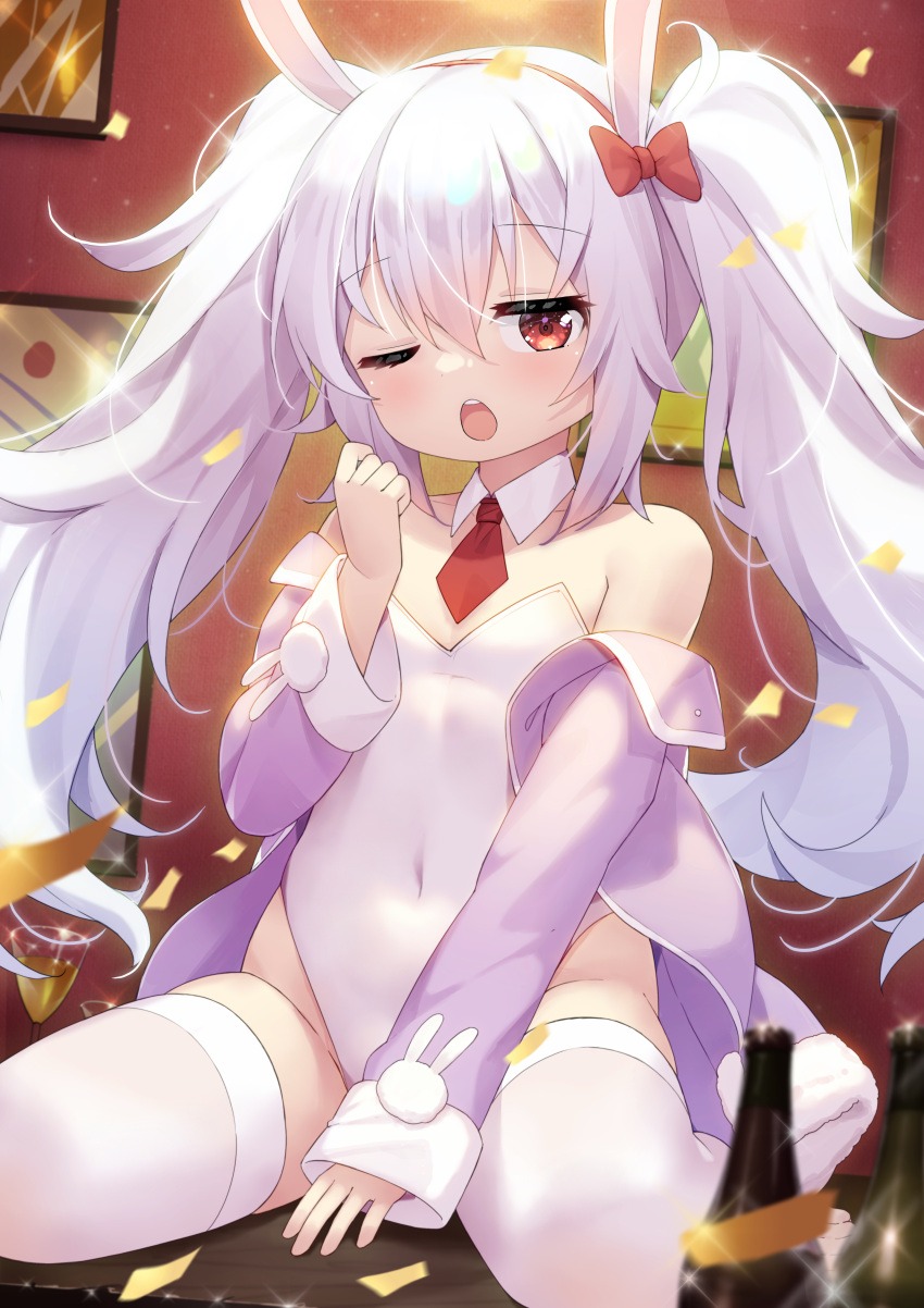 absurdres animal_ears azur_lane bare_shoulders between_legs bottle breasts confetti covered_navel cup detached_collar drinking_glass fake_animal_ears groin hand_between_legs hand_to_own_mouth highleg highleg_leotard highres indoors jacket laffey_(azur_lane) leotard long_hair necktie off_shoulder one_eye_closed open_mouth pink_jacket playboy_bunny rabbit_ears red_eyes red_neckwear silver_hair sitting small_breasts strapless strapless_leotard taku_michi thighhighs thighs twintails very_long_hair white_legwear white_leotard wine_bottle wine_glass yawning