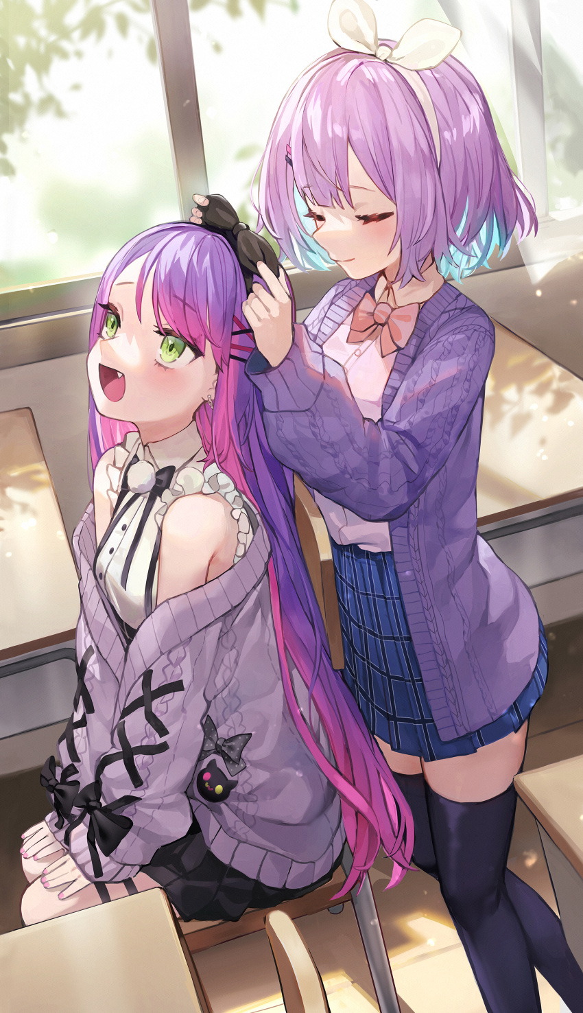 2girls :d absurdres bangs bibi_(tokoyami_towa) black_legwear black_skirt blue_hair blue_skirt blush bow bow_hairband bowtie cardigan chair classroom closed_eyes collared_shirt colored_inner_hair commentary desk dress_shirt english_commentary eyebrows_visible_through_hair facing_another fang green_eyes grey_cardigan hair_ornament hairband hairclip highres hololive indoors long_hair long_sleeves looking_up mr.lime multicolored_hair multiple_girls nijisanji nijisanji_kr nun_bora off_shoulder on_chair open_cardigan open_clothes pink_bow pink_bowtie pink_hair plaid plaid_skirt pleated_skirt purple_cardigan purple_hair school_chair school_desk school_uniform shirt short_hair sitting skirt sleeveless sleeveless_shirt smile standing thighhighs tokoyami_towa two-tone_hair very_long_hair virtual_youtuber white_shirt window x_hair_ornament