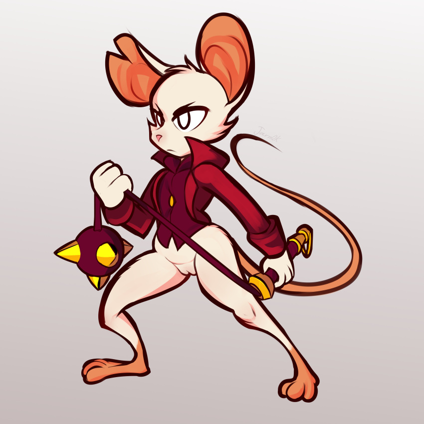 absurd_res angry anthro bottomless clothed clothing coat determined female flail genitals hi_res jarnqk mammal melee_weapon mina mina_the_hollower mouse murid murine partially_clothed pussy rodent solo topwear weapon