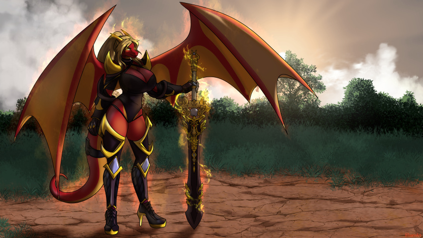 4322chan absurd_res anthro armor aura big_breasts blonde_hair boots breasts clothing detailed_background dragon female footwear hair hi_res high_heeled_boots high_heels huge_breasts looking_at_viewer melee_weapon membrane_(anatomy) membranous_wings red_body saffryn solo sword weapon wings