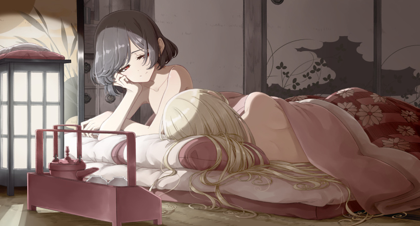 2girls arm_rest armpit_peek back backlighting bangs bedroom black_hair blanket blonde_hair bob_cut closed_mouth collarbone couple cup drawer elbow_rest facing_away floral_print from_behind fusuma futon hair_spread_out half-closed_eyes indoors long_hair looking_at_another looking_to_the_side lying multiple_girls muted_color nude on_side original pillow red_eyes sakuraba_yuuki short_hair sleeping sliding_doors smile split_mouth swept_bangs tatami teapot thick_eyelashes under_covers very_long_hair yuri