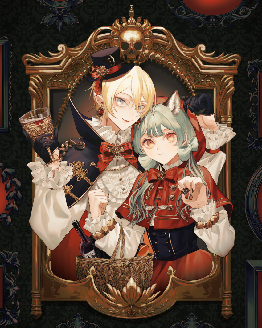 2girls animal_ears aqua_bow aqua_hair black_cape black_headwear black_nails blonde_hair blue_eyes bottle bow bowtie cape capelet closed_mouth commentary cosplay cup drink drinking_glass earrings english_commentary fangs framed hair_bow hands_up hat highres holding holding_drink hood hooded_capelet jewelry little_red_riding_hood little_red_riding_hood_(grimm) little_red_riding_hood_(grimm)_(cosplay) long_hair long_sleeves megechan mini_hat mirror multiple_girls orange_eyes original parted_lips pointy_ears red_bow red_bowtie red_capelet red_skirt red_wine shirt short_hair skirt skull smile upper_body white_shirt wine_bottle wine_glass wolf_ears