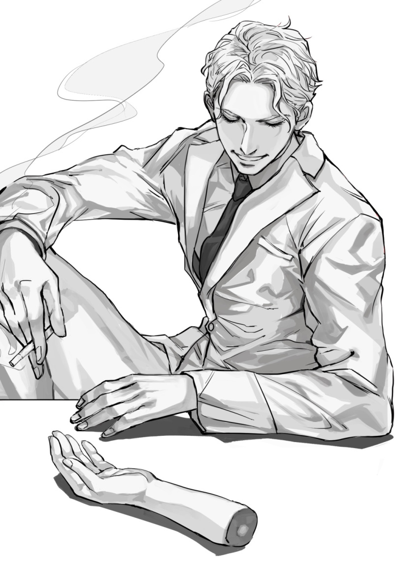 1boy cigarette closed_eyes diamond_wa_kudakenai formal greyscale grin highres holding holding_cigarette jojo_no_kimyou_na_bouken kira_yoshikage male_focus monochrome necktie severed_limb smile snr_snr solo suit