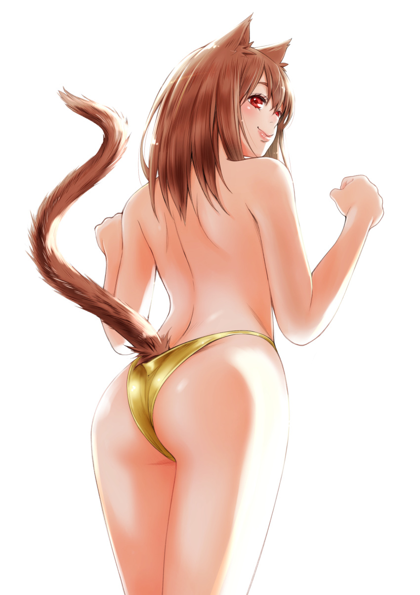1girl absurdres animal_ears ass back backlighting bangs bikini bikini_bottom_only blush brown_hair brown_tail cat_ears cat_girl cat_tail clenched_hands cowboy_shot from_behind gold_bikini hands_up highres lips looking_away looking_to_the_side macosee original paw_pose red_eyes shoulder_blades simple_background smile solo standing swimsuit tail tail_raised topless