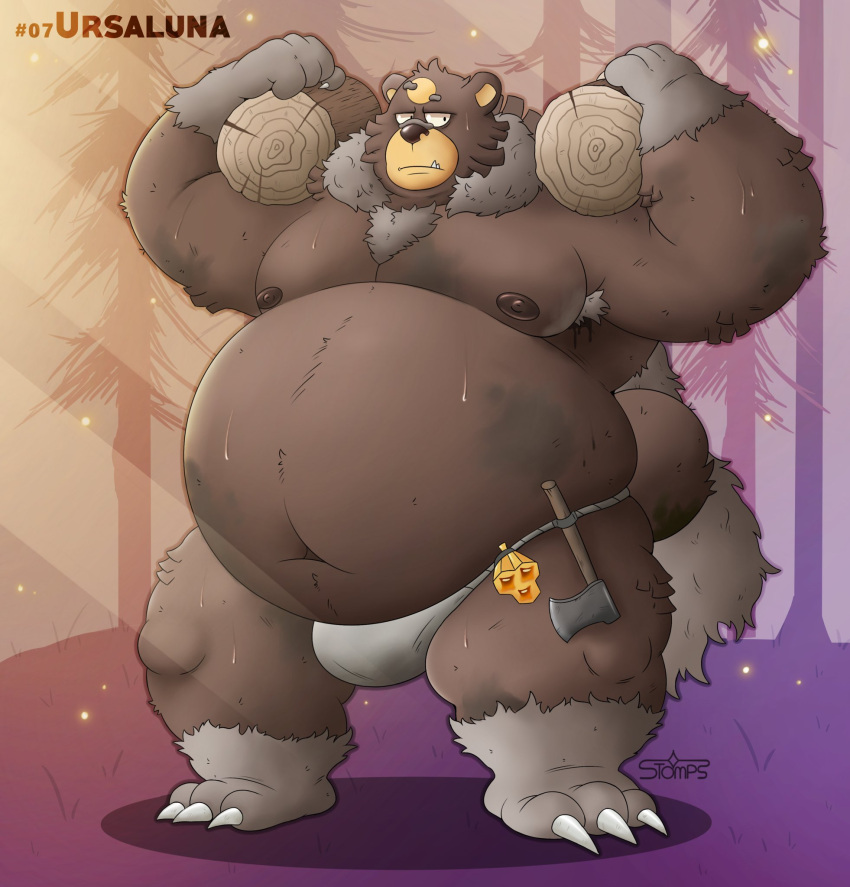2022 anthro axe belly bodily_fluids brown_body brown_fur bulge clothing firewood fur hi_res humanoid_hands male mammal melee_weapon moobs navel nintendo nipples outside overweight overweight_male plant pok&eacute;mon pok&eacute;mon_(species) solo stompsthecroc sweat tree underwear ursaluna ursid video_games weapon
