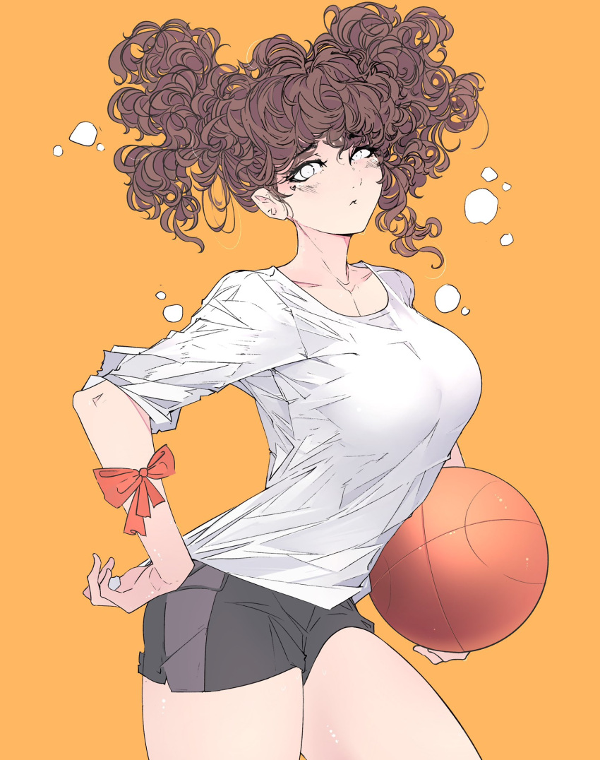 1girl ball basketball black_shorts bow breasts bright_pupils brown_hair curly_hair elliemaplefox eyebrows_visible_through_hair hand_on_hip highres holding holding_ball large_breasts original red_bow shirt shorts simple_background solo white_pupils white_shirt yellow_background