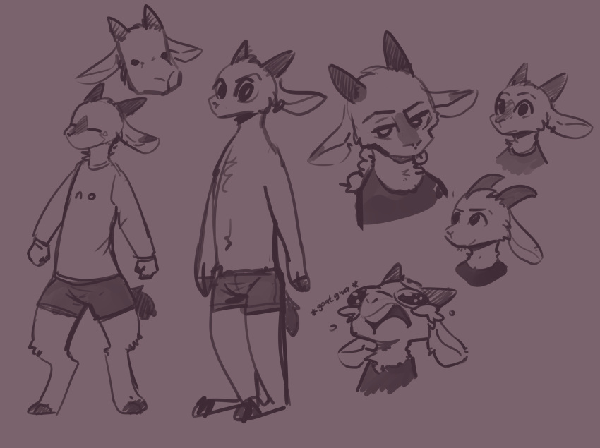 2021 2_horns anthro belly_tuft biped bodily_fluids bovid boxer_briefs brown_background caprine cheek_tuft chest_tuft clothed clothing crying digitigrade ear_piercing english_text eyes_closed facial_markings facial_tuft fuel_(artist) goat half-closed_eyes head_markings head_tuft hi_res horn knee_tuft leg_tuft looking_at_viewer male mammal markings narrowed_eyes neck_tuft notched_ear piercing plantigrade raimi_(fuel) rattail_(hairstyle) shirt simple_background sketch sketch_page smile solo sound_effects standing tears text tongue tongue_out topless topwear tuft underwear