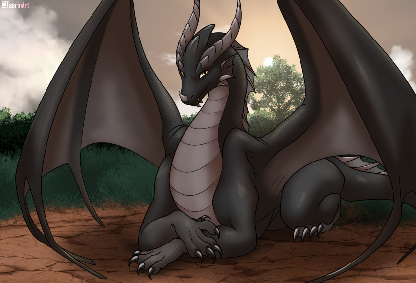 4322chan black_body black_scales detailed_background dragon feral hi_res horn looking_at_viewer male membrane_(anatomy) membranous_wings obsidian_(dragon) resting scales scalie sitting smile smiling_at_viewer solo western_dragon wings yellow_eyes