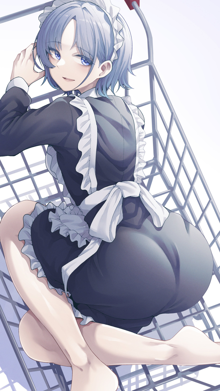 1girl absurdres alternate_costume apron asakura_tooru bangs bare_legs barefoot dress enmaided folded_leg frilled_dress frills highres idolmaster idolmaster_shiny_colors in_cart looking_at_viewer looking_back maid maid_headdress parted_bangs shopping_cart simple_background solo tokufumi white_apron