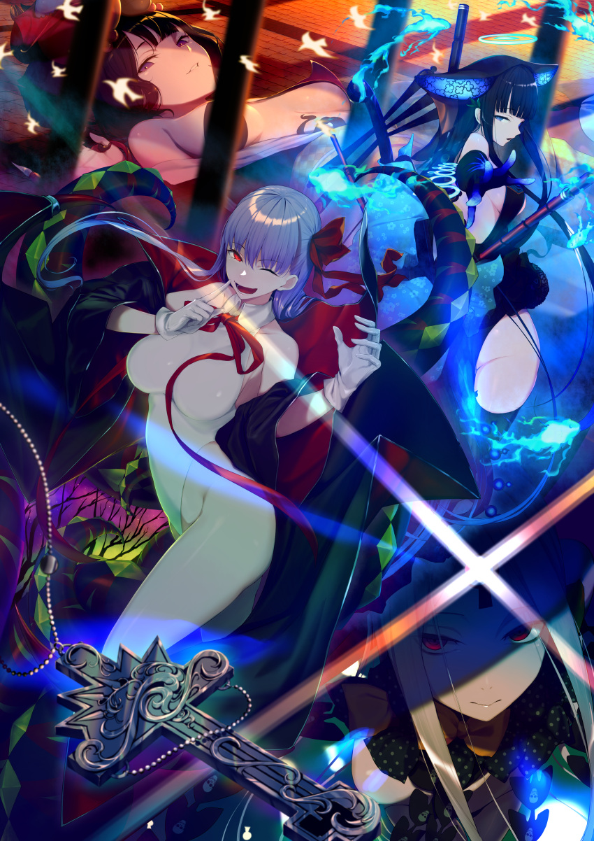 4girls ;d abigail_williams_(fate) absurdres animal_ears ass bangs bb_(fate) bb_(swimsuit_mooncancer)_(fate) biting black_cape black_dress black_hair blonde_hair blue_eyes blue_fire bow breasts cape commentary_request diffraction_spikes dress evil_smile eyebrows_visible_through_hair fantasy fate/grand_order fate_(series) finger_to_mouth fire floor gloves grin groin hair_bow highres index_finger_raised katsushika_hokusai_(fate) kurogiri large_breasts leotard lip_biting long_hair looking_back lying medium_breasts multiple_girls neck_ribbon on_back one_eye_closed polearm purple_eyes purple_hair red_bow red_eyes red_ribbon ribbon shaded_face shushing sideboob sidelocks skin_tight sleeveless small_breasts smile sunlight tail weapon white_gloves white_leotard yang_guifei_(fate)