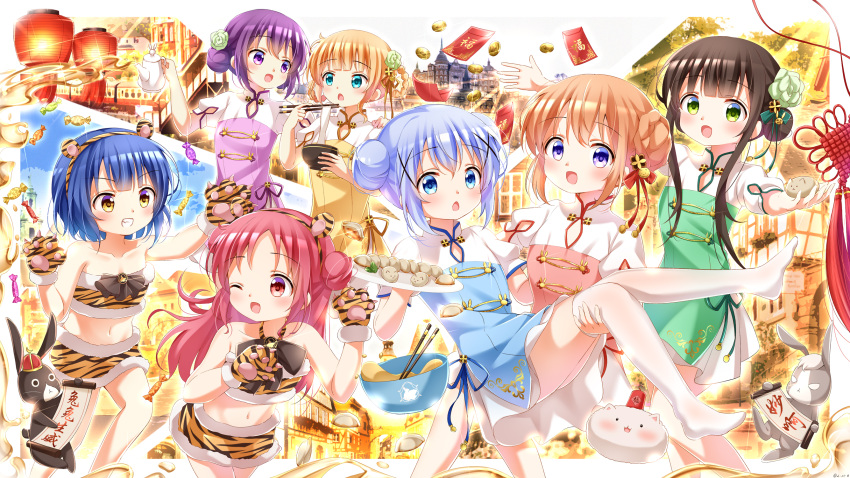 6+girls anko_(gochiusa) blonde_hair blue_eyes blue_hair blush brown_hair china_dress chinese_clothes chinese_new_year chinese_zodiac dress eyebrows_visible_through_hair firecrackers gochuumon_wa_usagi_desu_ka? green_eyes hair_ornament highres hongbao hoto_cocoa jouga_maya kafuu_chino kirima_sharo lantern long_hair looking_at_viewer multiple_girls natsu_megumi nengajou new_year open_mouth painter-lhb purple_eyes purple_hair red_eyes red_hair short_hair smile tedeza_rize tippy_(gochiusa) twintails ujimatsu_chiya wild_geese x_hair_ornament year_of_the_tiger