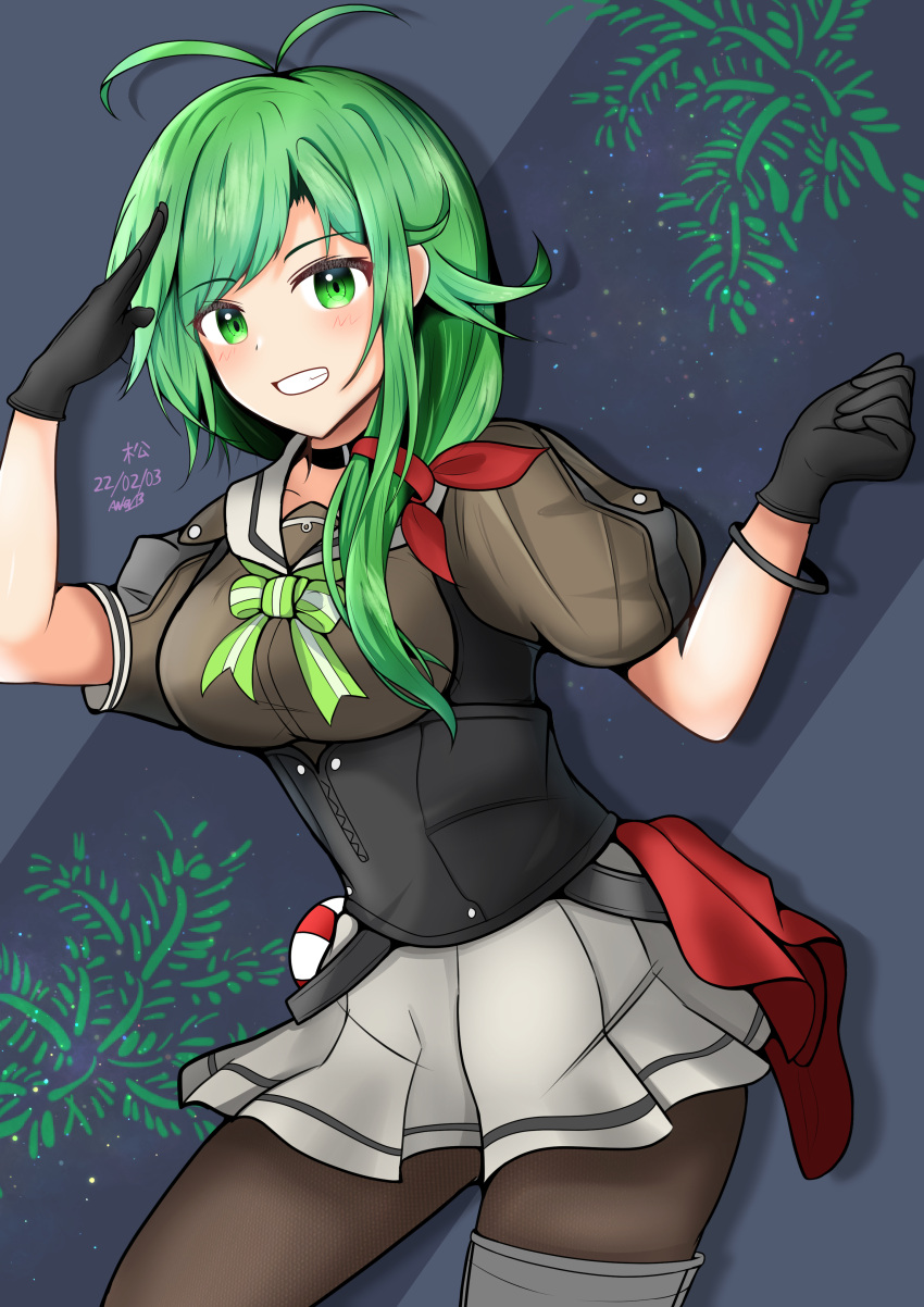 1girl abataa absurdres ahoge anchor antenna_hair bamboo black_gloves black_legwear breasts choker corset cowboy_shot eyebrows_visible_through_hair gloves green_eyes green_hair green_neckwear grey_sailor_collar grey_skirt hair_over_shoulder highres kantai_collection long_hair matsu_(kancolle) medium_breasts pantyhose pine_tree pleated_skirt sailor_collar sailor_shirt school_uniform serafuku shirt skirt smile solo tree zipper_pull_tab