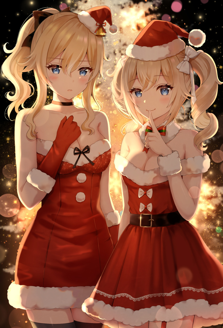 2girls alternate_costume arm_up bangs barbara_(genshin_impact) bare_shoulders belt black_bow black_choker black_ribbon blue_eyes blurry blurry_background bow breasts choker christmas christmas_tree cleavage commentary detached_collar dress eyebrows_visible_through_hair finger_to_mouth fur-trimmed_collar fur-trimmed_dress fur-trimmed_gloves fur-trimmed_headwear fur_trim garter_straps genshin_impact gloves hair_between_eyes hair_bow hand_on_own_face hat highres index_finger_raised jean_(genshin_impact) large_breasts long_hair looking_at_viewer medium_breasts multiple_girls nasi pom_pom_(clothes) ponytail red_dress red_gloves revision ribbon santa_costume santa_hat smile standing thighhighs twintails white_bow