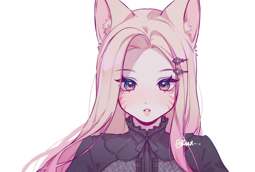 1girl absurdres ahri_(league_of_legends) animal_ears bangs black_shirt blonde_hair blue_eyes blush facial_mark fox_ears highres k/da_(league_of_legends) k/da_all_out_ahri league_of_legends long_hair looking_at_viewer parted_lips portrait ruan_chen_yue shirt signature simple_background solo whisker_markings white_background