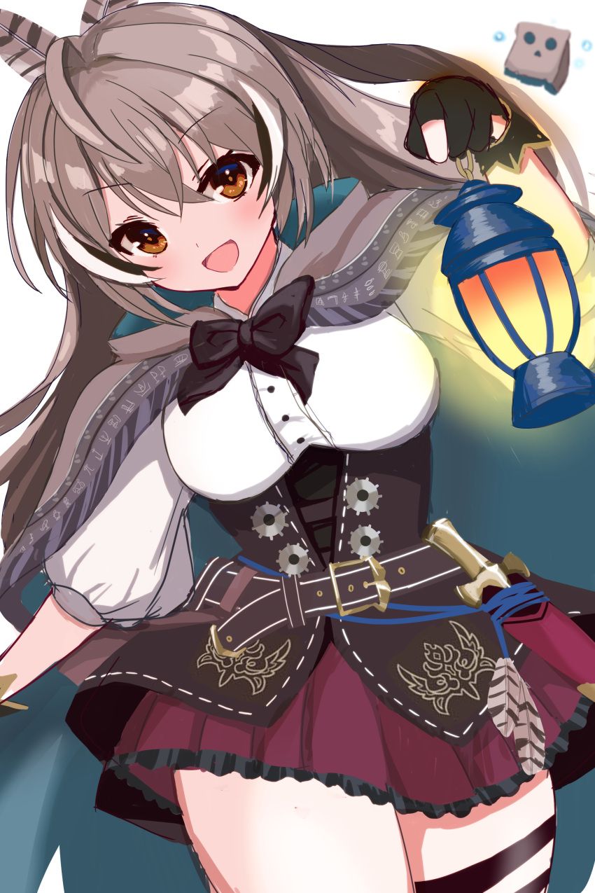 1girl absurdres ahoge bangs belt blush brown_capelet brown_cloak brown_corset brown_eyes brown_hair cape capelet cloak corset dagger feather_hair_ornament feathers friend_(nanashi_mumei) hair_ornament hieroglyphics highres hololive hololive_english knife lantern long_hair looking_at_viewer multicolored_hair nanashi_mumei pleated_skirt ponytail red_skirt ribbon shirt skirt smile solo streaked_hair thigh_strap thighhighs virtual_youtuber weapon white_shirt yusyajisanyo